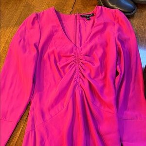 Banana Republic Magenta Long Sleeve Ruched V Neck Dress